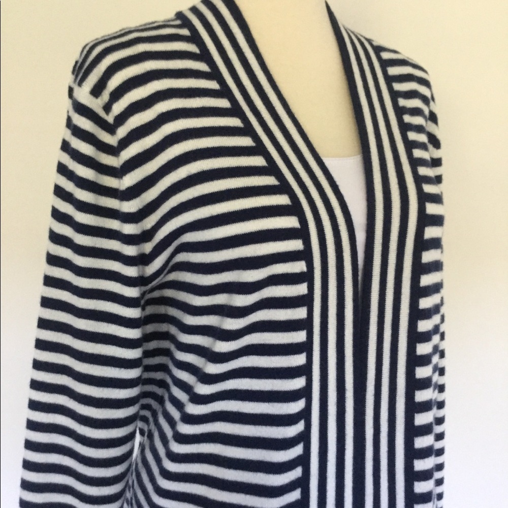 Talbots Lambswool Navy Stripe Open-Front Cardigan Size L - Picture 3 of 4